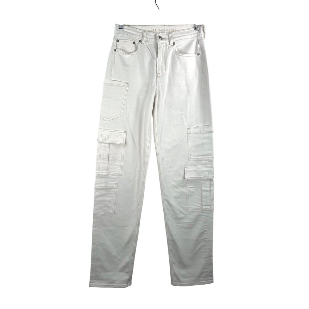 American Eagle stretch super hi rise baggy straight cargo jeans white sz 4